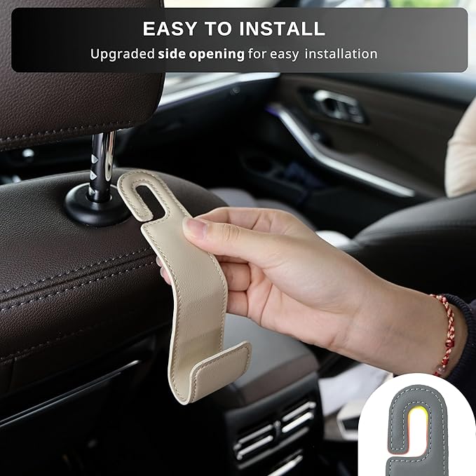 Purse Holder for Car, 2 Pack Upgraded Car Seat Hooks for Hanging Purse and Bag, Leather Headrest Hooks for Car Back Seat, Car Organization Accessories (Brown)