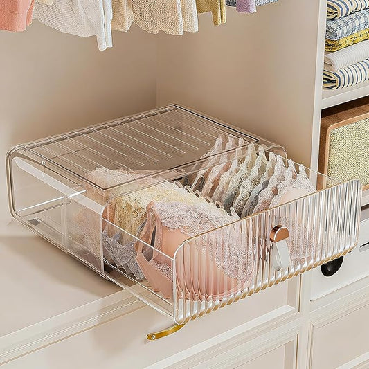 Neprock Underwear Drawer Organizer - Stackable Bra Organizer for Closet, 1 Cell Clear Acrylic Bra Storage Box, Closet Organizers and Storage for Lingerie, Undergarment, Baby Clothes, Scarf