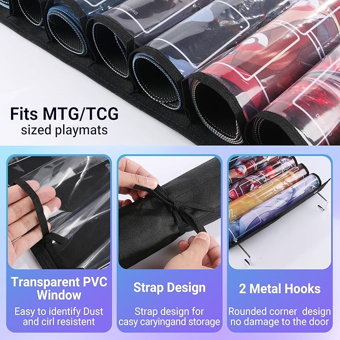 JIEENDLESSLUS Playmat Tube Storage Bag, Hanging Playmat Organizer For MTG Playmat Holder, Fits 12+1 Card Game Playmats with Transparent Plastic Slots, Portable Playmats Case For TCG/RPG Play Mat