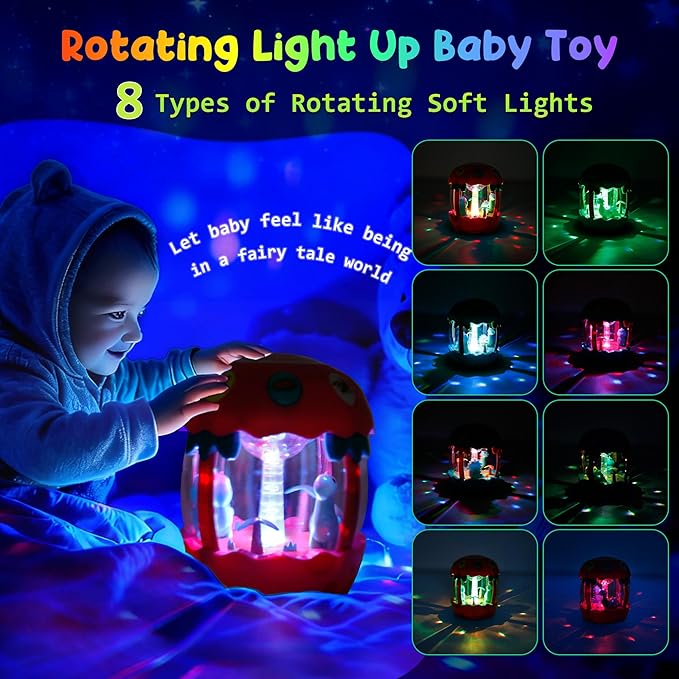 M SANMERSEN Baby Girl Toys 6-12 Months, Dinosaur Rotating Light Up Musical Baby Toys for 0-6 12-18 Months Newborn Infant Crawling Tummy Time Toys, Birthday Valentines Day Baby Girl Gifts - Pink