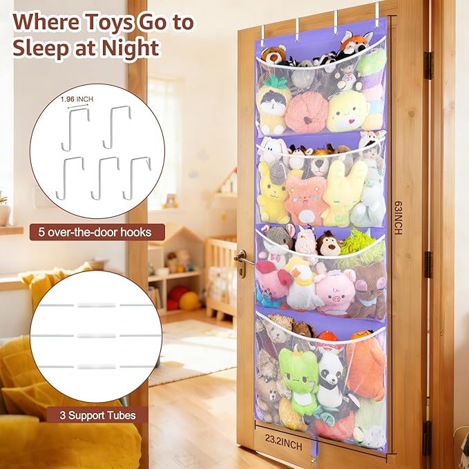 Woodoulogy Hanging Stuffed Animal Storage, Over Door Large Plush Toy Organizer with Metal Hook, Baby Accessory Holder Idea for Nursery, Doll & Bear Mesh Hammock Bag for Girl Boy Kid Room