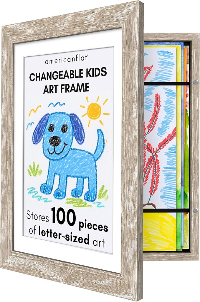 Americanflat Kids Artwork Frame Changeable (Driftwood) - Magnetic Door Holds 100 Art Pieces - 8.5x11 Letter Size Display with Mat or 10x12.5 Without Mat - My Mini Masterpiece
