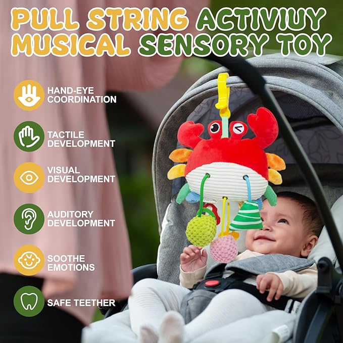 Crab Baby Toy - Clip-On Hanging Sensory Toy for Car Seat, Stroller, Gym with Squeaker, Crinkle, Rattle, Mirror & Teether | Soft Plush 18 Months Infant Developmental Toy for Tummy Time (Red)