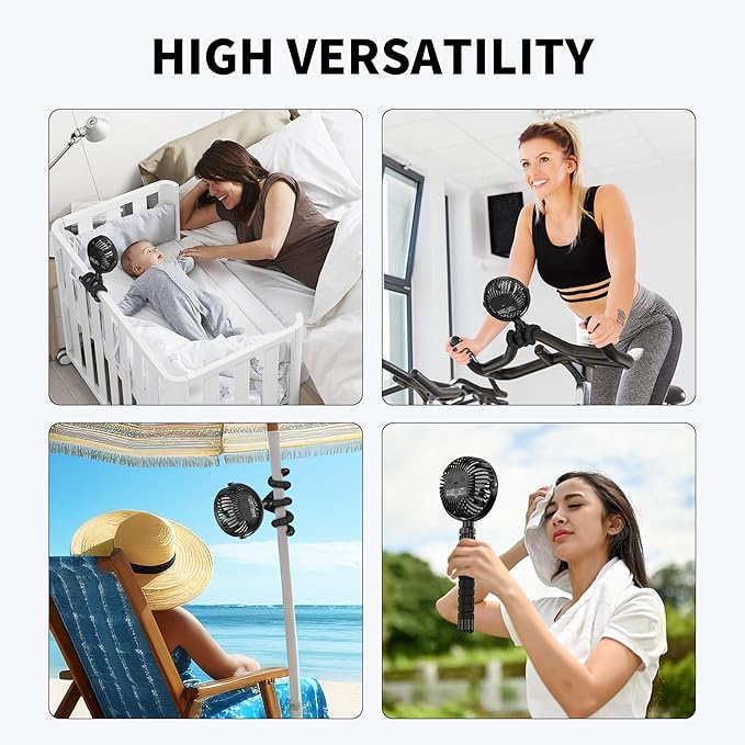 AMACOOL Battery Operated Stroller Fan, Newborn & Baby Travel Essentials, Registry Gifts, Flexible Tripod Clip On Fan with 3 Speeds and Rotatable for Car Seat Crib Bike Treadmill, Beach Essentials