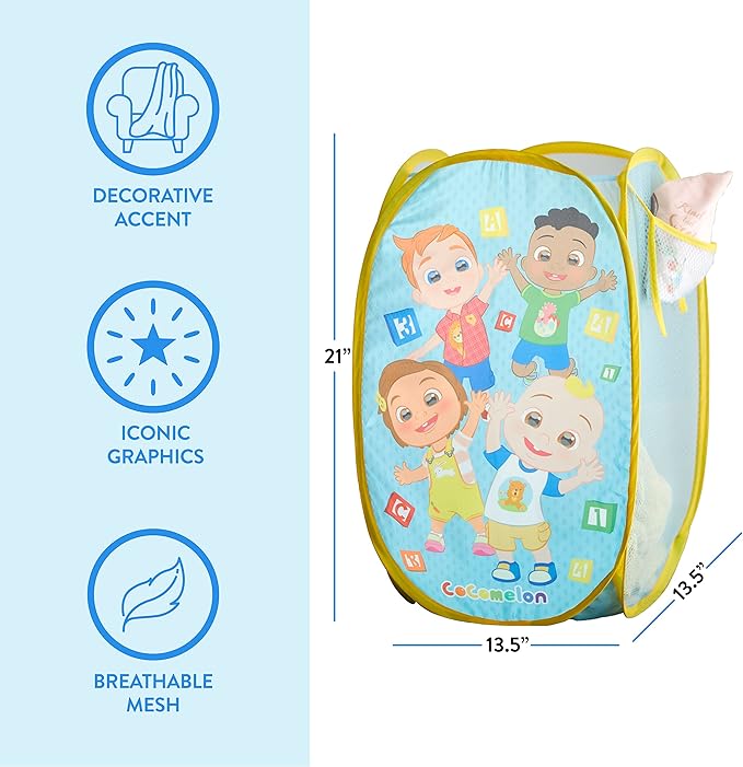 Cocomelon Pop-Up Hamper with Durable Carry Handles, Kids Laundry & Room Storage Organizer, 21”H x 13.5”W x 13.5”L