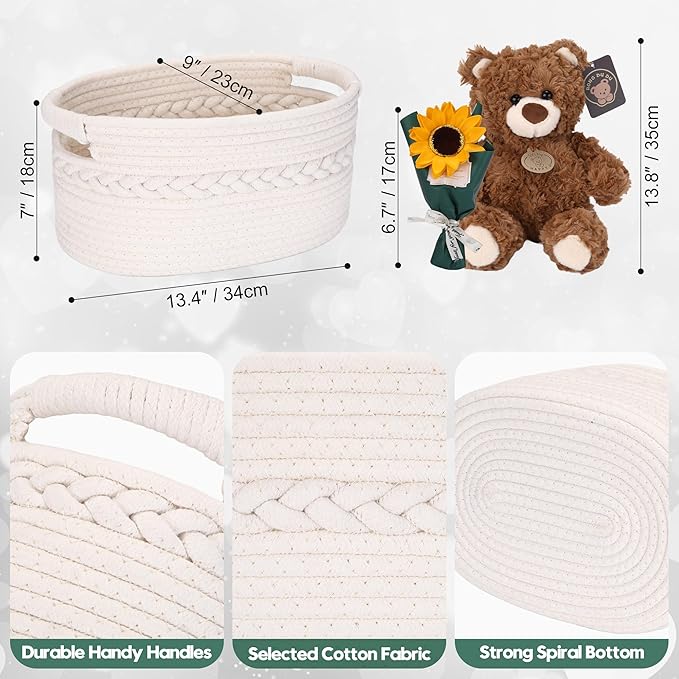 Sea Team Woven Cotton Rope Gift Basket with Gift Bags & Ribbons, Optional Stuffed Bear & Sunflower, Baby Shower Present, Pet Gift or Nursery Storage Bin, 13.4 x 9.1 x 7.1 Inches, White