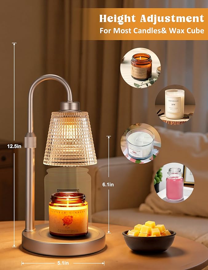 Innqoo Champagne Gold Candle Warmer Lamp with Timer, Dimmable Candle Warmer for Home Decor, Height Adjustable Candle Lamp for Jar Candles, Birthday Gifts for Women Mom, House Warming Gifts New Home