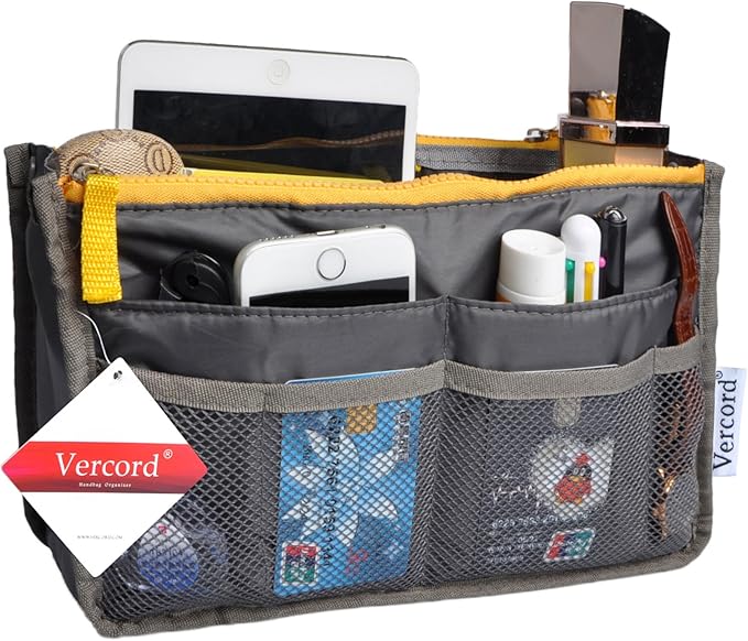 Vercord Purse Organizer Insert for Handbags Bag Organizers Inside Tote Pocketbook Women Nurse Nylon 13 Pockets Grey Large