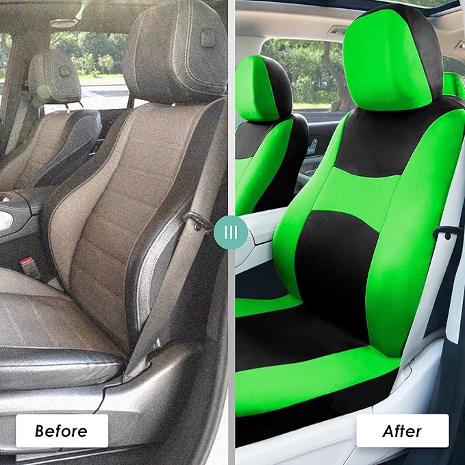 Automotive Seat Covers Green Universal Fit Combo Set with Steering Wheel Cover and Seat Belt Pad fits most Cars, SUVs, and Trucks (Airbag Compatible and Split Bench) FH Group FB030GREEN-COMBO