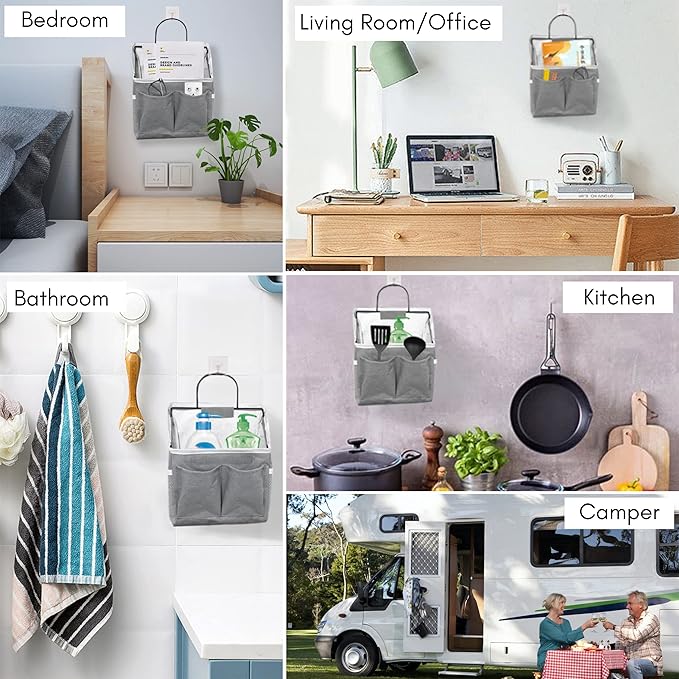 3pcs Wall Hanging Organizer Bag, Linen Fabric Door Hanging Storage Basket with Pockets, Waterproof Bin for Kitchen, Bedroom, Office, RV Camper (Gray)