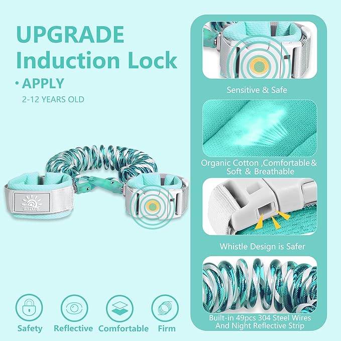 Anti Lost Wrist Link,Toddler Harness Walking Leash with Induction Lock,Reflective Child Wrist Leashes for Baby,6.56ft Kids Leash for Supermarket Mall Airport Amusement Park Zoo Travel（Cyan）