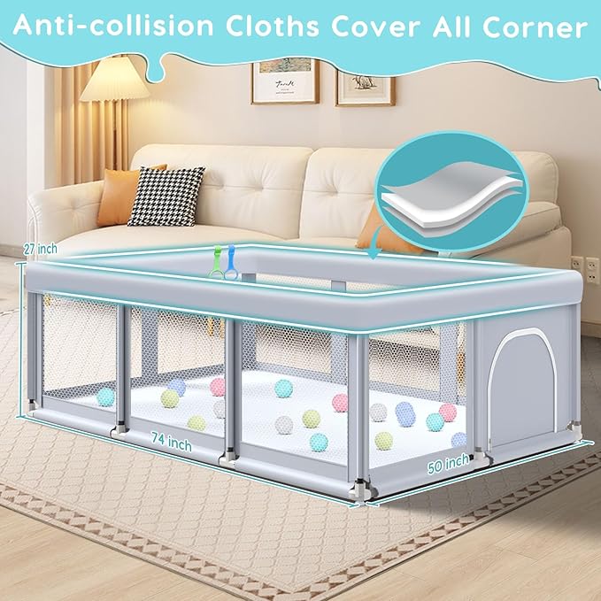 Fshibila 74" ×50" Large Baby Playpen, Baby Playard for Babies and Toddlers, PlayPen for Indoor & Outdoor, Sturdy Safety Play Yard with Soft Breathable Mesh, Anti-Fall, Ball x 18, Handle x 2, Grey