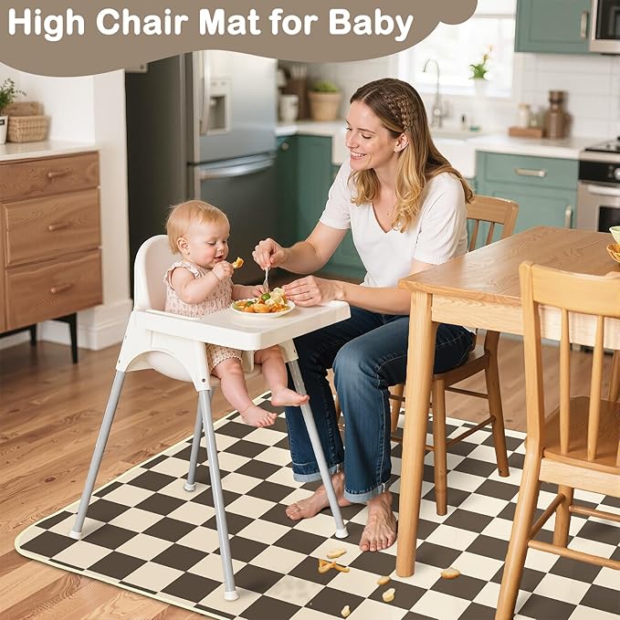 Splat Mat for Under High Chair 42 x 42 Inch Waterproof Baby Splash Mat with Non Slip Bottom Reusable Portable Highchair Mat for Floor Food Catcher for High Chair, Gray Checkerboard