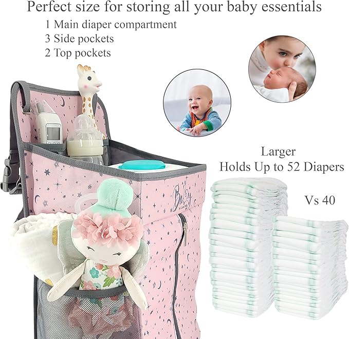 Hanging Diaper Caddy - Baby Diaper Organizer for Changing Table - Diaper Stacker for Crib, Playard or Wall - Newborn Diaper Holder (Pink)