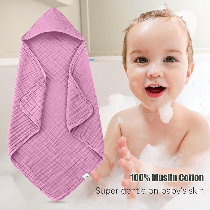 Spotted Play 2 Pack Hooded Baby Towels - 100% Muslin Cotton for Newborns, Infants, Toddlers - Large 32x32 Inch Size - Highly Absorbent and Essential for Newborn Care, Deep Sakura