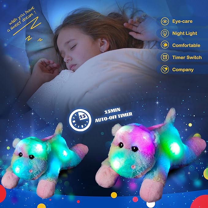Glow Guards 15'' Light up Rainbow Hippo Stuffed Animal LED Wildlife Soft Plush Toy with Night Lights Birthday Children's Day for Toddler Kids