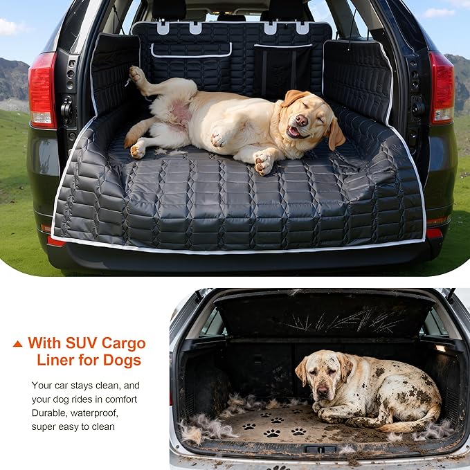 SUV Cargo Liner for Dogs, Waterproof Dog Trunk Cover with Bumper Flap Protector, Pet Cargo Mat for SUVs Sedans Vans, Non-Slip Scratchproof Dog Seat Cover, Large Size Universal Fit