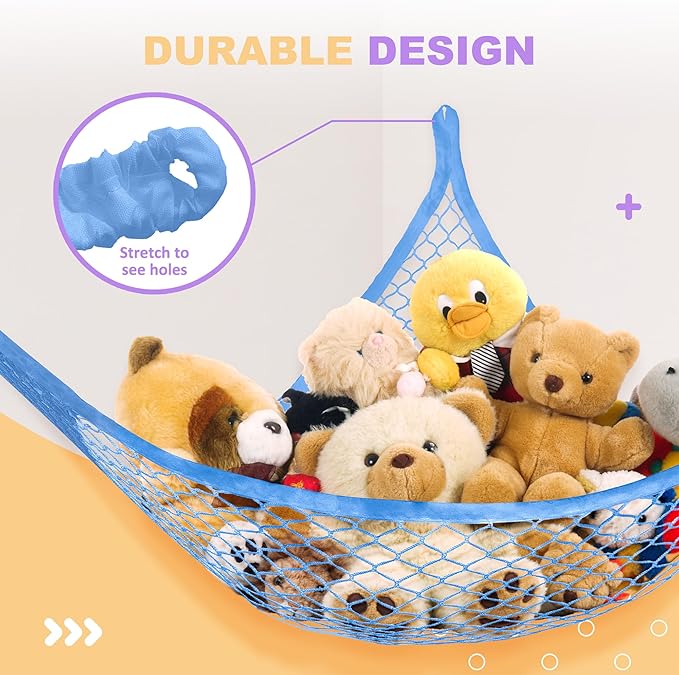 Lazebox Stuffed Animal Net Hammock for Plushie Toys, Stuffed Animal Hammock Corner for Kids' Room Decor, Ideas for Organizing Stuffy Collection, Blue, L (67" x 40" x 40")-Pack of 1