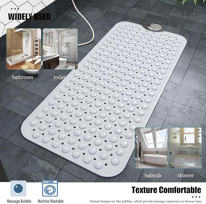 Large Non Slip Bathtub Mat, Extra Long Bath Mat for Tub, 40 x 16 Inch, Machine Washable Shower Mats with Suction Cups and Drain Holes, Bath Tub Mats for Bathroom Non Slip, White