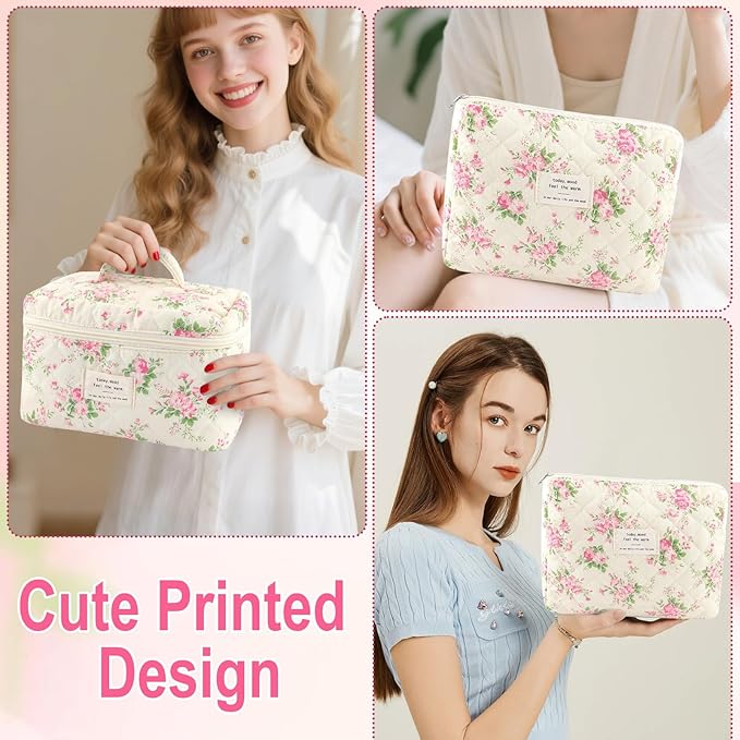2Pcs Cotton Quilted Makeup Bag for Women Extra Large Small Travel Cosmetic Bag Set Cute Pink Floral Print Makeup Pouch Portable Toiletry Bag Organizer Coquette Vintage Puffy Travel Essential