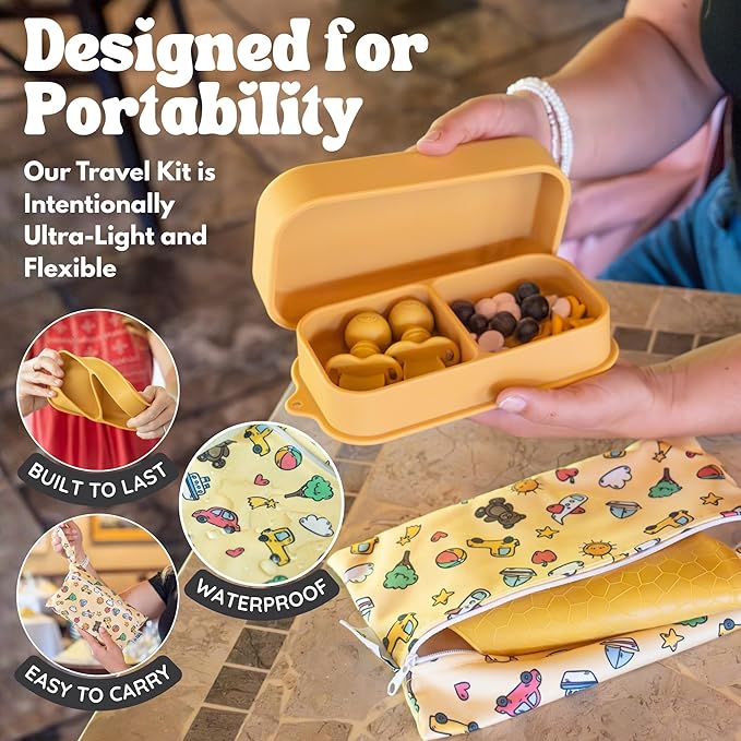 Baby Travel Essentials 6 Pc Silicone Feeding Set - Portable Toddler Plates with Suction, Baby Spoons & Foldable Bib in Carrying Case - BPA-Free Infant & Toddler Utensils for Airplanes & Eating Out