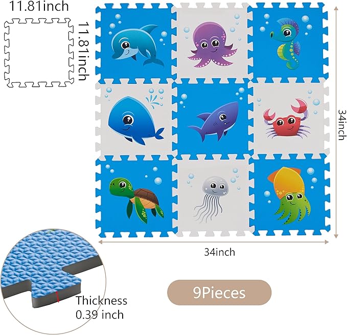 PLAY 10 Puzzle Play Mat, Foam Floor Tiles, Children’s Foam Puzzle Mat Baby Floor Play Mat 34×34 Inches Sea World 9 Pieces