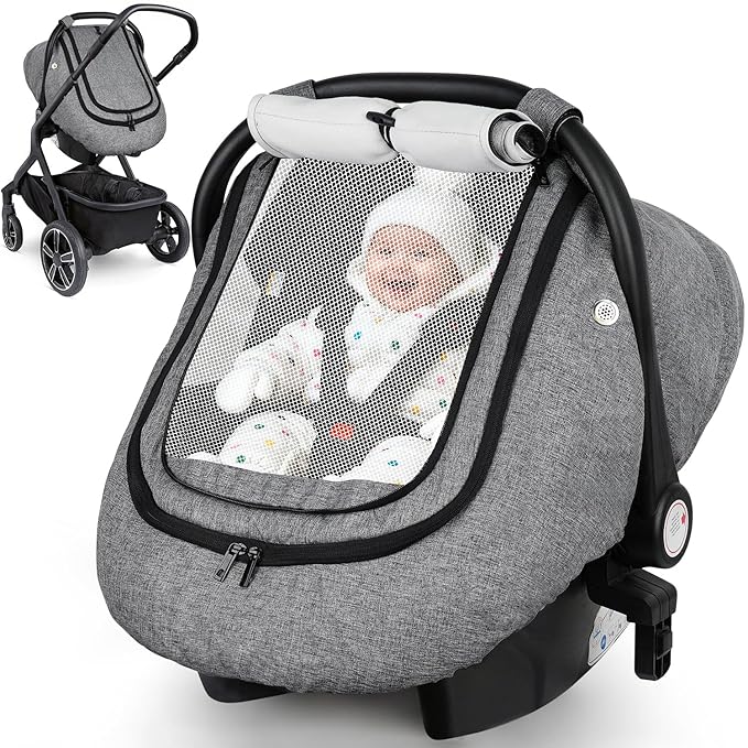 Rquite Car Seat Cover Baby, Carseat Covers Boy Girl, 2 Layers Window -Breathable Mesh & Wind/Sun Shade, Infant Car Seat Canopy Baby Carrier/Stroller Cover, Fit Spring, Fall, Winter, Cold Weather