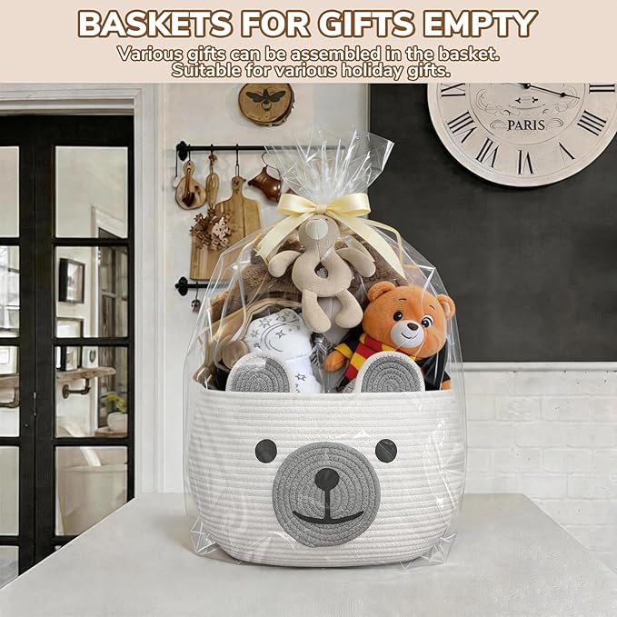 CherryNow Baby Basket for Nursery, Woven Rope Baby Shower Basket, Cute Baskets for Gifts Empty, Diaper Caddy Organizer with Handles, White, 15.7"D x 10.5"H