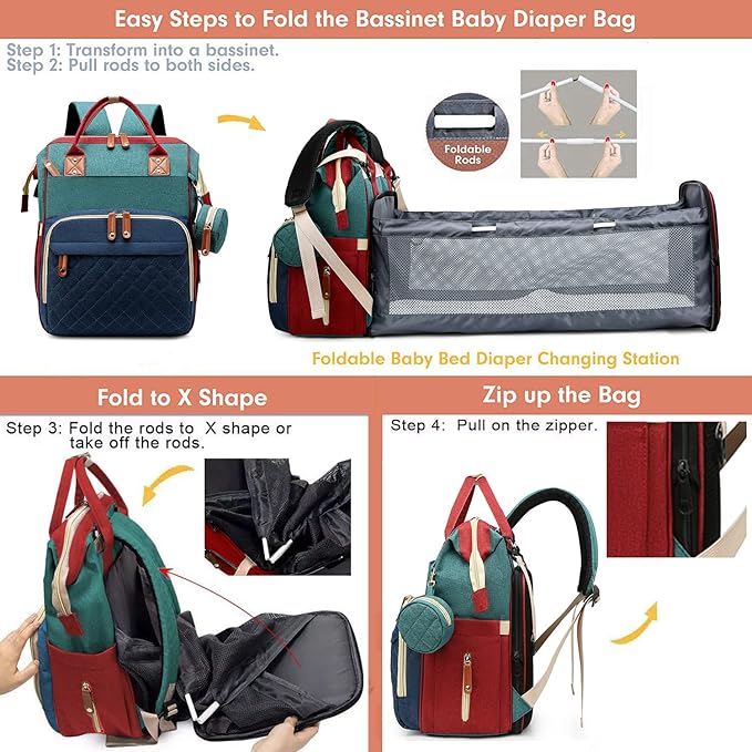 Lamroro Diaper Bag with Changing Station, Waterproof 3 in 1 Diaper Backpack with Foldable Changing Pad, Baby Registry Search &Baby Shower Gifts - Newborn Essentials, Red-Green-Blue