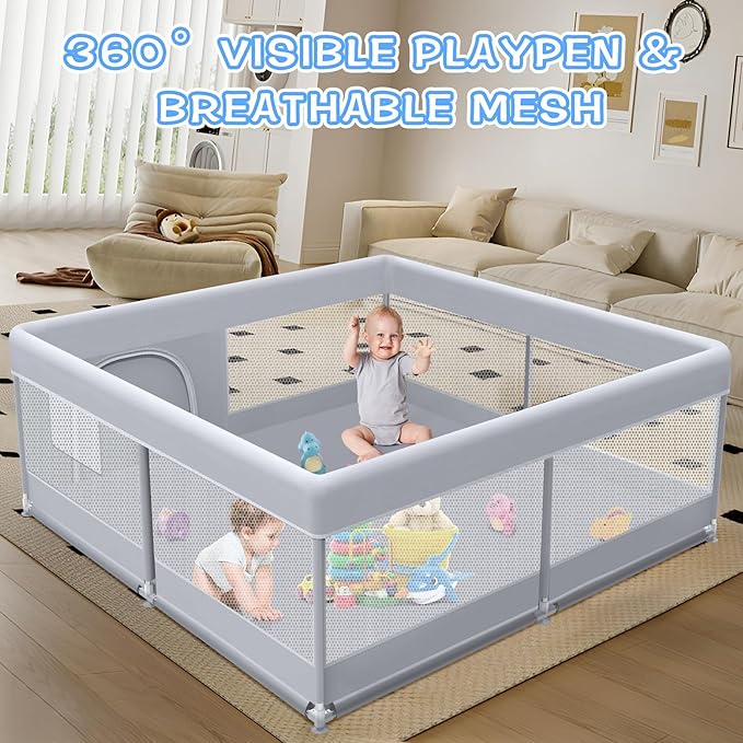Baby Playpen 50 x 50 Inch Play Pen Playards, Playpen for Babies and Toddlers, Baby Playard for Indoor & Outdoor Active Center Game Fence, with Skin-Friendly Fabric and Soft Breathable Mesh Grey