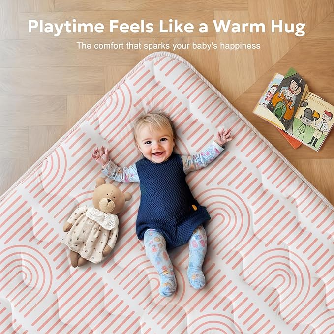 Mallify Soft Thicker Baby Mat for Floor 71"x59", Extra Large Baby Play Mat, Non-Slip Playpen Mat, Easy to Clean & Portable Playmat, Crawling Mat for Babies Toddlers, Activity Mat, Rainbow, Pink