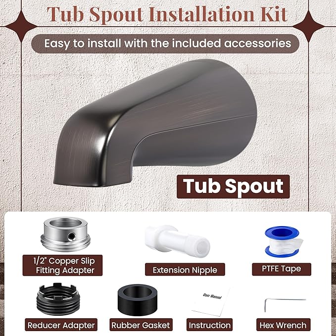Dreyoo Tub Spout (Universal Fits 1/2" Copper Pipe, 1/2" IPS and 3/4" IPS), Bathroom Bathtub Faucet with Adapters and Hex Wrench(Oil Rubbed Bronze,Without Diverter)