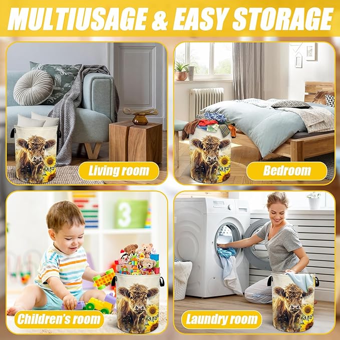 Highland Cow Laundry Basket,Laundry Hamper With Handles Collapsible Laundry Baskets Waterproof Dirty Clothes Hamper Storage Basket Toy Bins For Room Bathroom Bedroom Decor