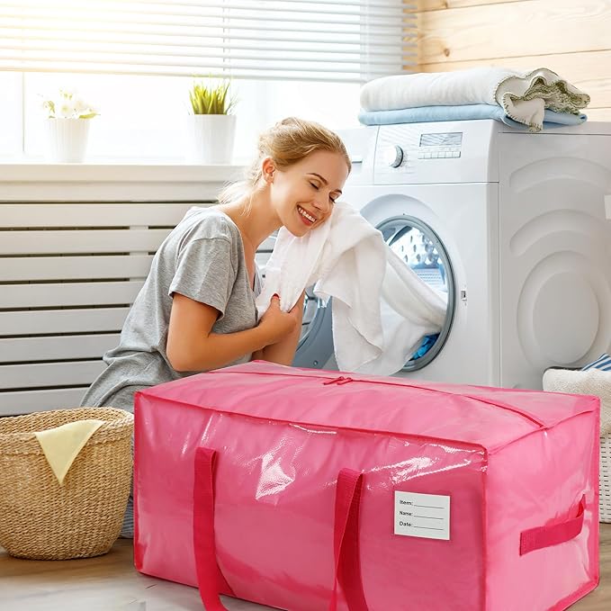 2 Pack Extra Heavy Duty Large Moving Bags with Comfortable Handle & Strong Zipper,Storage Totes for Space Saving Moving Storage College Supplies Alternative to Moving Box,Pink