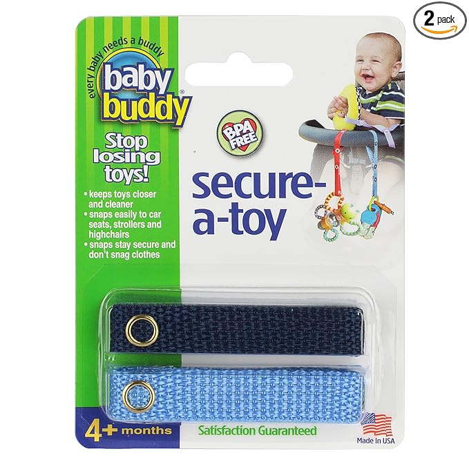 Baby Buddy Secure-A-Toy, Safety Strap Secures Toys, Teether, Or Pacifiers to Strollers, Highchairs, Car Seats, Adjustable Length to Keep Toys Sanitary Clean, Registry Must Haves, Blue-Navy, 2 Count