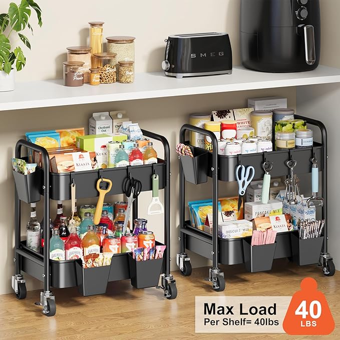 2 Tier Metal Rolling Utility Cart with Wheels Under Desk Storage Cart with Handle, Roll Around Organizer Trolley for Small Space Pantry Bathroom Home Kitchen Office Snack Baby Supplies, Black