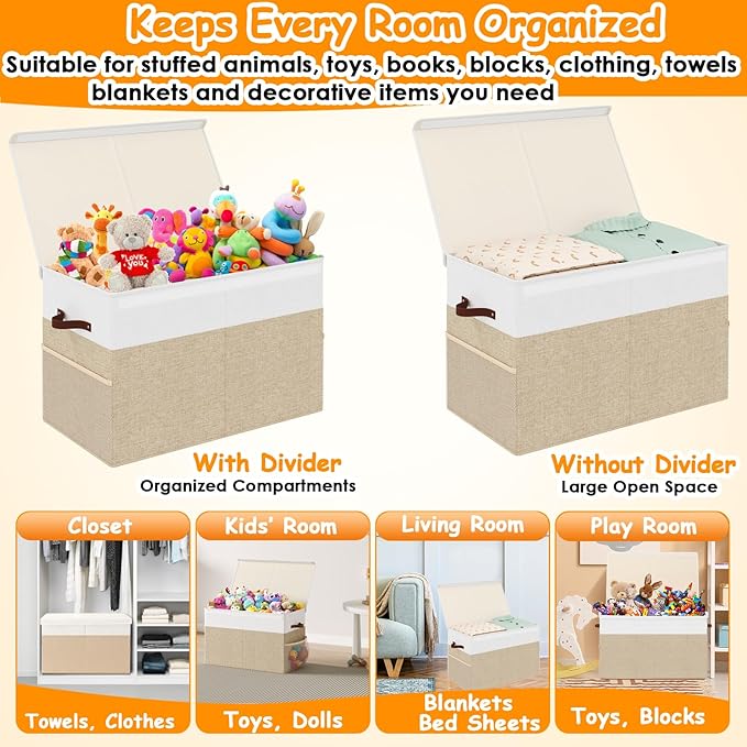 Fineonly Large Toy Storage Box with Lid Upgraded Toy Storage Chest Organizer with Divider Foldable Toy Bin for Kids Boys Girls Playroom Nursery Bedroom (25"x13"x16")