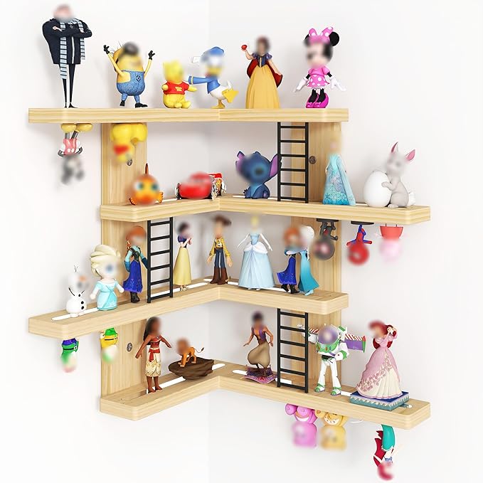 LUPWNEKA L-Shaped Tonies Shelf, 4-Tier Corner Floating Shelves for Tonies Figures (30-38 Character), Pine Wood Tonie Shelf Magnetic with MINI Ladder, Natural Display Shelves for Children Room
