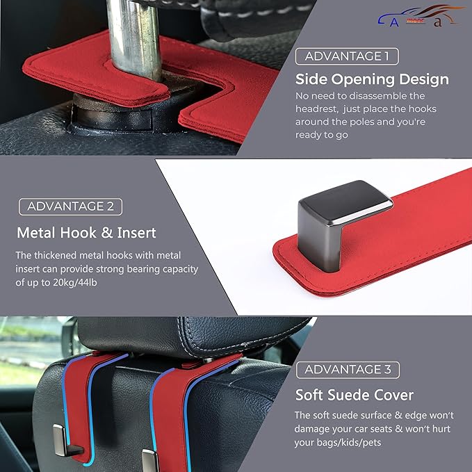 Amooca Car Seat Back Hook Universal Auto Storage Hanger Suede with Metal Car Seat Organizer for Handbag Purse Coat Umbrellas Grocery Bags 2 Pack Red