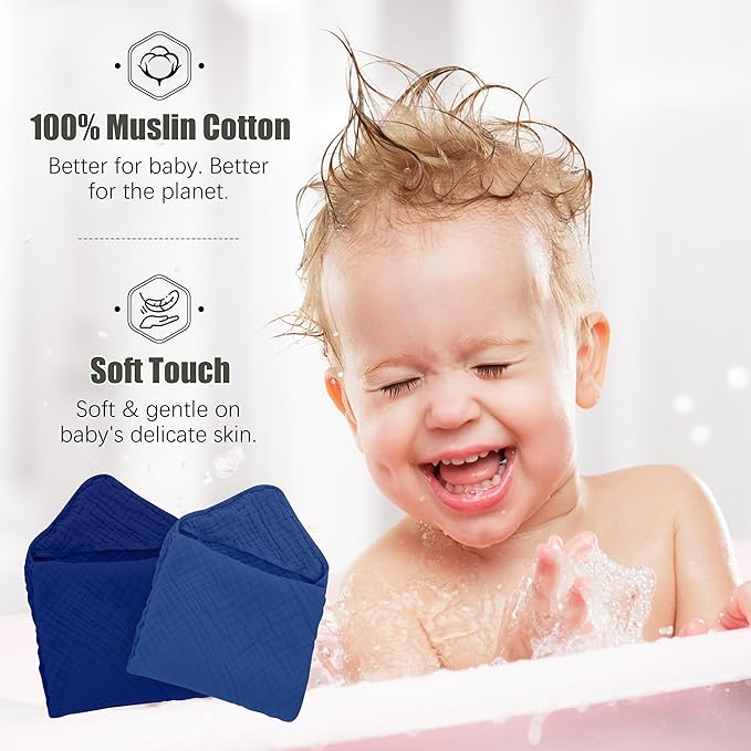 Spotted Play 2 Pack Hooded Baby Towels - 100% Muslin Cotton for Newborns, Infants, Toddlers - Large 32x32 Inch Size - Highly Absorbent and Essential for Newborn Care, Deep Navy