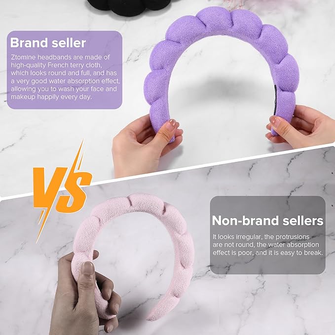 Terry Cloth Spa Headbands for Washing Face or Facial, Set of 2, Black & Purple - Puffy Makeup Headbands for Face Washing, Mask, Skin Treatment