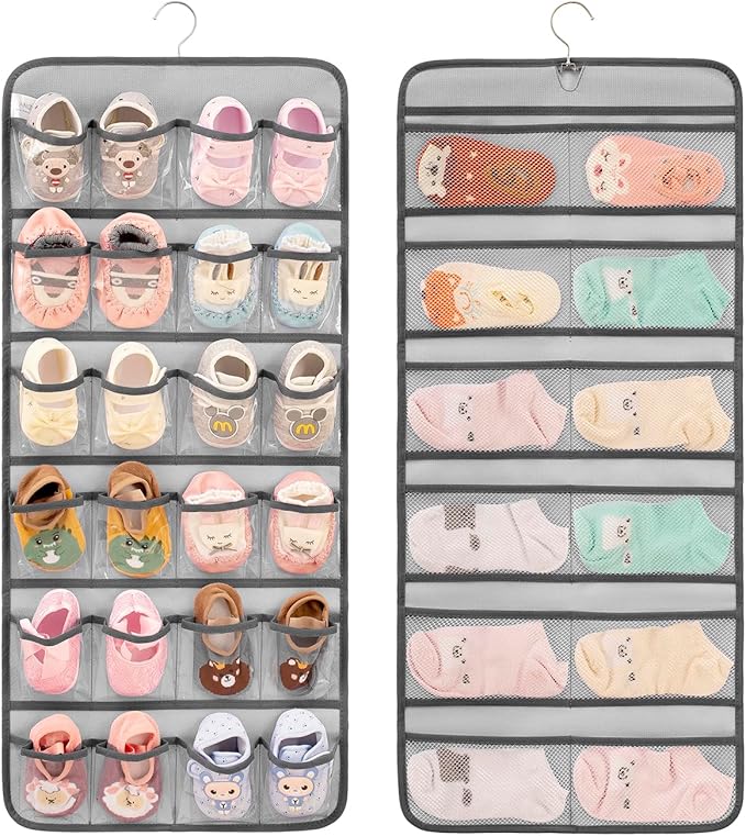 Dual-sided Hanging Baby Shoes Organizer Closet Toddler Shoe Storage Holder for Kids Bow Socks Underwear (GREY)