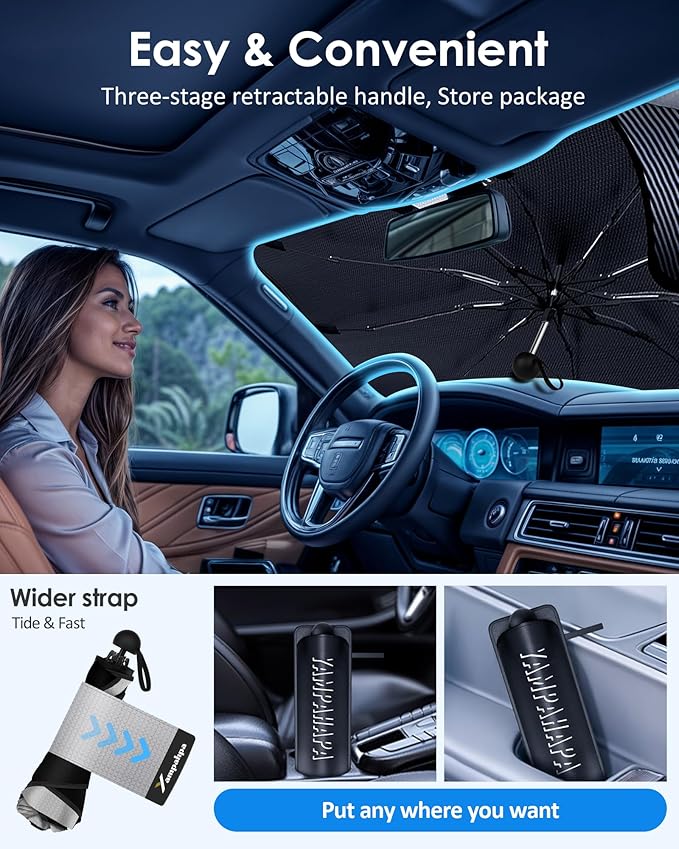 Car Windshield Sun Shade Foldable Umbrella, Sunshade for Car Windshield Cover Visor UV Ray Reflector, Sun Shade Windshield for Auto Trucks Sedan SUV Keeps Vehicle Cool Heat Insulation (53" x 27")