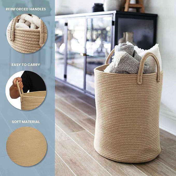 OrganiHaus Large Woven Laundry Basket w/Handles 52L, Rope Dirty Clothes Hamper, Blanket Basket for Living Room, Baby Laundry Hamper for Nursery, Soft & Durable Decorative Organizer Bin - Honey