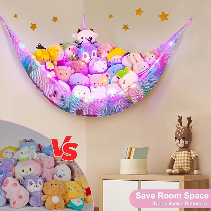 Unicorn Castle Stuffed Animals Net or Hammock Kids Toy Storage Organizer with LED Light Hanging Corner Stuffed Animals Holder Kids Girls Room Decor,Pink-Blue-Purple,Large (Pack of 1)