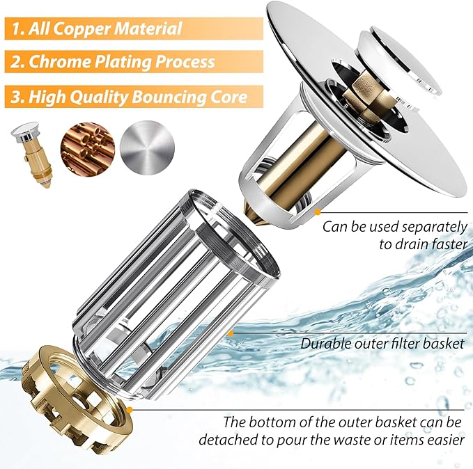 Bathroom Sink Drain Strainer, 3 in 1 Pop Up Bathroom Sink Stopper with Removable Brass Basket Hair Catcher, Universal Sink Plug for 1.06 to 1.6in Drain Hole, Chrome Silver