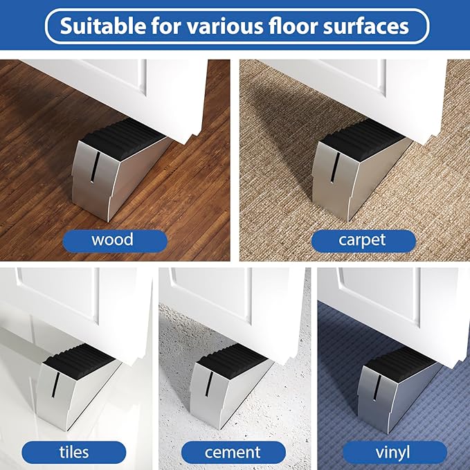 HOMOTEK Adjustable Tall Wedge Door Stopper, Higher Door Stopper Heavy Duty Stainless Steel Door Stop for Bottom of Door, Spring Non-Slip Rubber, Suit for Door Clearance of 0.2"-3", Silver,2 Pack