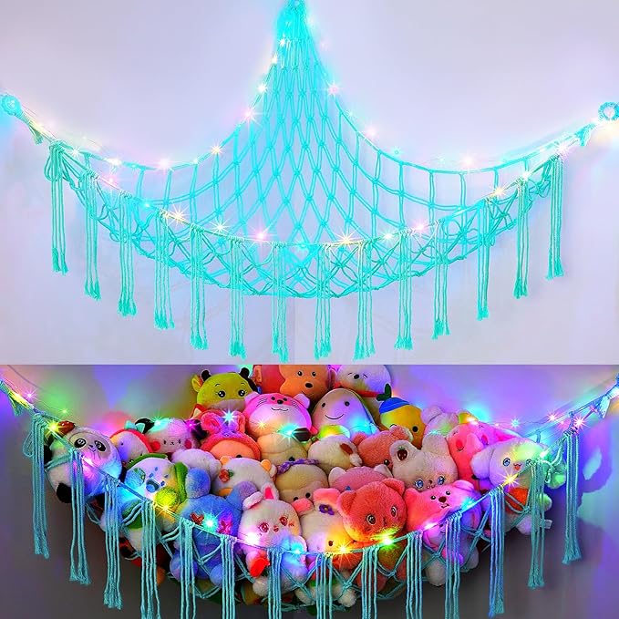 Basumee Stuffed Animals Net or Hammock with LED Light, Hanging Stuffed Animals Storage Toy Hammock Net Corner Wall Girls Room Decor Toy Storage Organizer, Light Aqua Green, XL