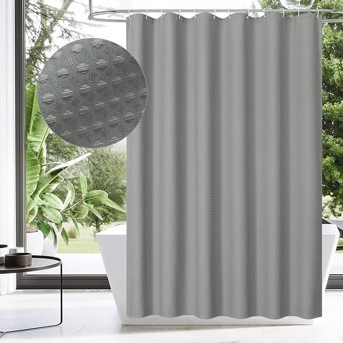 MitoVilla Grey Waffle Shower Curtain 72 x 78, Weighted Fabric Long Shower Curtain Set, Modern Farmhouse Shower Curtain for Bathroom Decor, Luxury Hotel Cloth Shower Curtains 78 inch Long