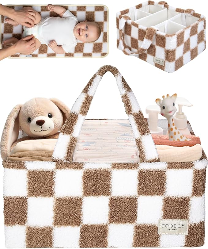 Toodly Checkered Diaper Caddy Organizer with Portable Changing Mat - Teddy Fleece Diaper Organizer for Changing Table - Caddy Organizer with Removable Dividers - Light Taupe and White